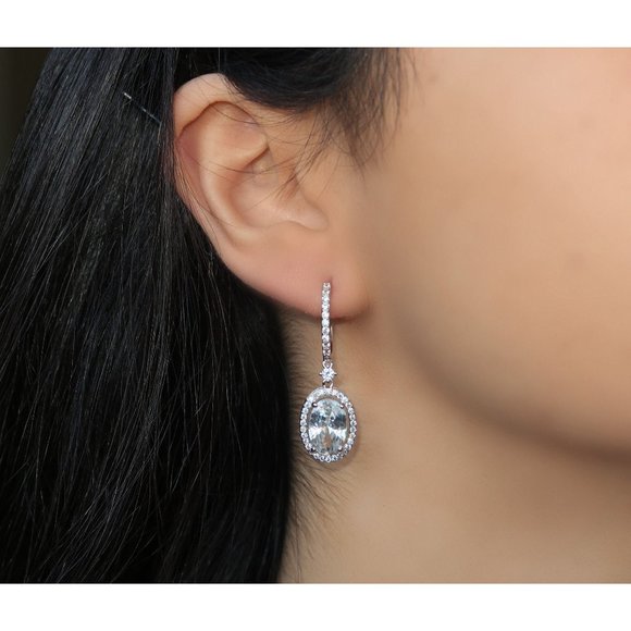 Oval Halo Diamond CZ Drop Earrings, Bridal Wedding Jewelry, Silver Bridal Earrin - Picture 1 of 7